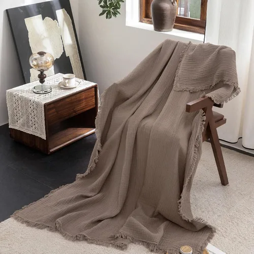 Vista 53 de FOSSA Manta de Muselina con Flecos - Gasa de Algodón 100% de 4 Capas Súper Suave y Transpirable - Manta Decorativa Ligera y Refrescante para Cama