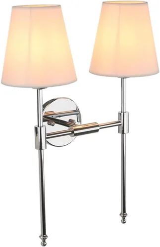 Vista 8 de PERMO Lámpara de pared doble clásica cromada 2 luces con pantalla de tela blanca acampanada para montaje en pared rústico