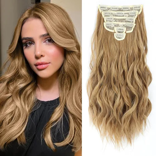 Vista 16 de Fliace Extensiones de cabello con clip para mujer, extensiones de cabello ondulado largo de color marrón medio, extensiones de cabello sintético