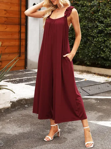 Vista 3 de MIEAZOM Enterizo sin mangas de pierna ancha para mujer, estilo casual, con volantes, tirantes delgados, elásticos, holgados, pantalones largos