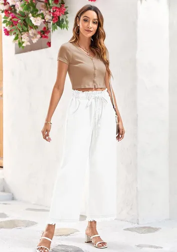 Vista 9 de Valphsio Pantalones de mezclilla holgados de pierna ancha para mujer, cintura con lazo en la cintura, culottes de cambray, pantalones con borlas