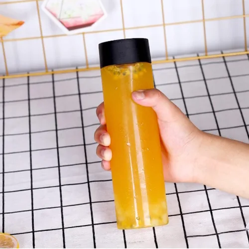 Vista 7 de Paquete de 12 botellas redondas de plástico de 16 onzas con tapas, recipientes de jugo con tapas para botella de batidos, botellas de jugo