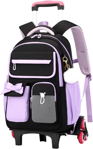 Vista 14 de Mochila con ruedas para niñas, mochila con ruedas para escuela primaria, bolsa de libros con ruedas con 6 ruedas, 3 ruedas negras y azules-6