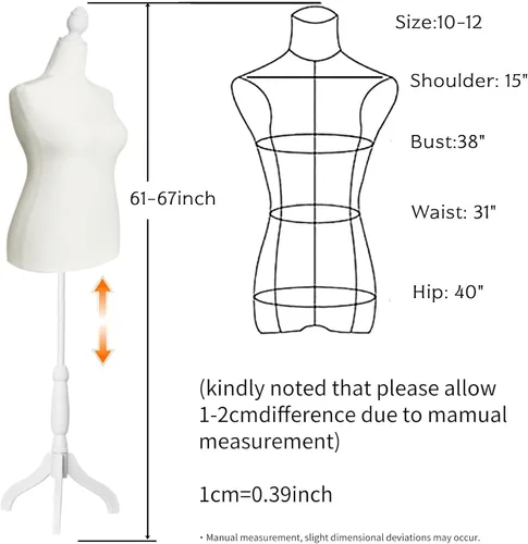 Vista 2 de Cuerpo de maniquí femenino, talla grande 10-12, vestido de maniquí femenino, altura ajustable, 61-67 pulgadas, cuerpo de maniquí con soporte