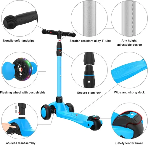 Vista 2 de Allek - Kick Scooter B03. Monopatín de 3 ruedas con ruedas de PU extra anchas y luminosas, sistema Lean 'N Glide, manillar ajustable a cualquier