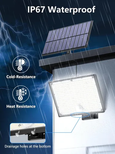 Vista 9 de 400 luces solares LED para exteriores, 3 modos y control remoto, sensor de movimiento, luz al aire libre, luces de inundación solares impermeables