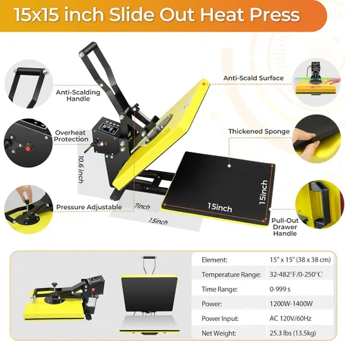 Vista 8 de Whubefy - Máquina de prensa de calor de 15 x 15 con deslizamiento, máquina de prensa de calor digital con concha para impresoras de camisetas
