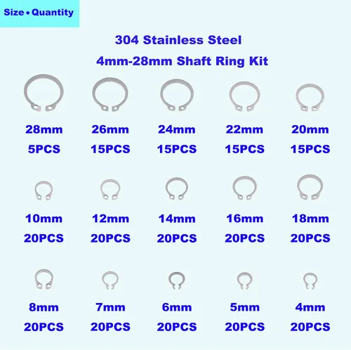 Vista 4 de Kit surtido de anillos de retención externos con clips en C de acero inoxidable 304, 265 piezas