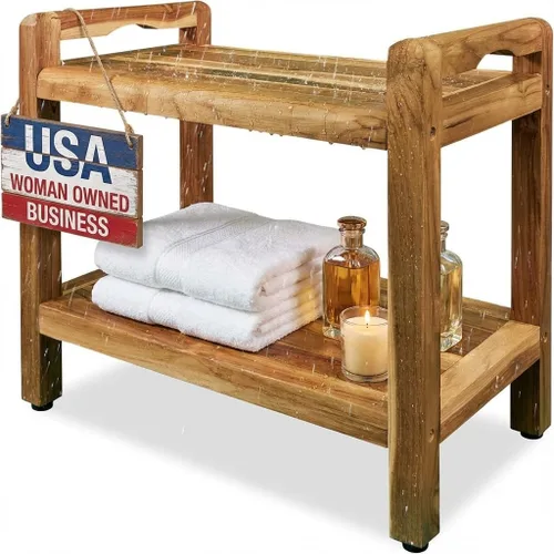 Vista 18 de EcoDecors Eleganto - Banco Taburete de ducha de madera de teca impermeable de 16 pulgadas de altura, color natural, silla de asiento para ducha