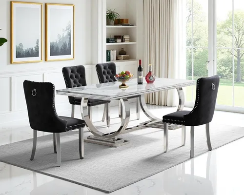 Vista 39 de Juego de mesa de comedor de 5 piezas para 4, mesa de cocina de mármol negro de 68 pulgadas con 4 sillas beige, mesa de comedor rectangular moderna