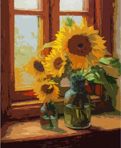 Vista 2 de Tucocoo Pintura de girasoles para ventana por números para adultos, kits de pintura al óleo digital sobre lienzo con pinceles y pigmento acrílico