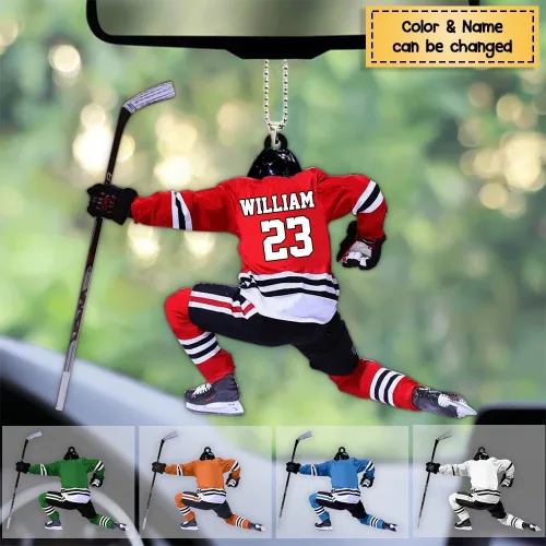 Vista 3 de Adorno de Navidad personalizado de jugador de hockey 2025, decoración colgante de madera acrílica con nombre personalizado para árbol de vacaciones