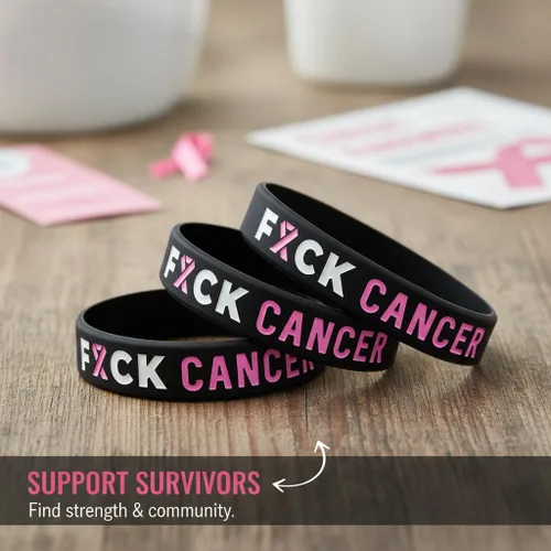 Vista 5 de Fuck Cancer Pulseras con cinta rosa para concienciar sobre el cáncer de mama (paquete de 6) – Paquete a granel de 6 pulseras de cáncer Fck