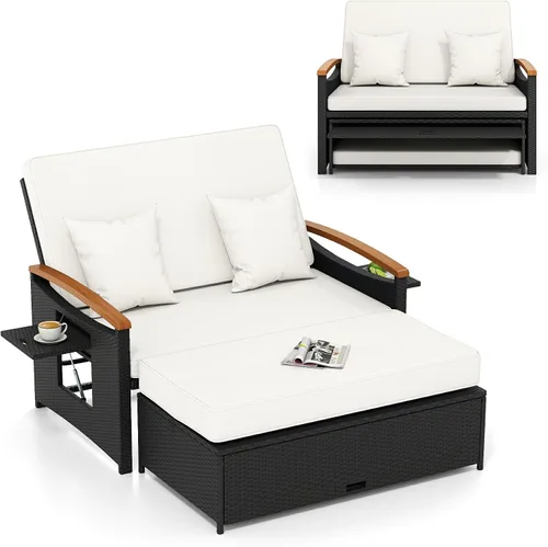 Vista 11 de LDAILY Moccha - Sofá de mimbre para exteriores, sofá biplaza de ratán para patio con respaldo ajustable de 4 niveles, paneles plegables, otomana
