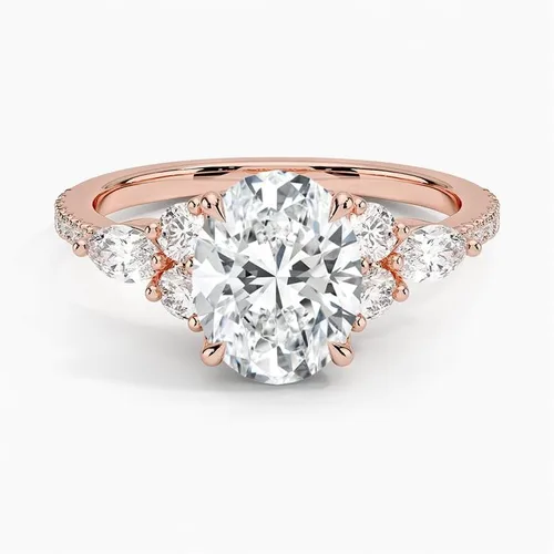 Vista 5 de Anillo de compromiso de diamante de cuatro puntas de corte ovalado blanco de 1.06 quilates con certificación IGI con marquesa lateral y diamantes