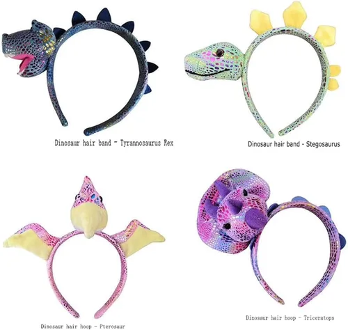 Vista 6 de FR.Tooc Bonita diadema para el pelo de dinosaurio, diadema de felpa para fiesta, aro para el pelo, para fiesta, cosplay, disfraces, 4 piezas