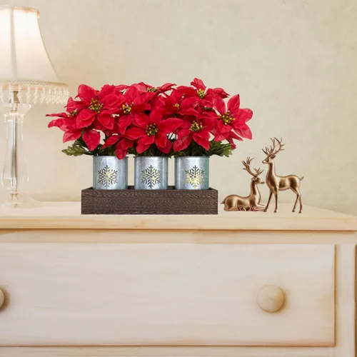Vista 3 de Flores de Pascua artificiales de Navidad con luces LED, centro de mesa de Navidad rojo en macetas y caja de madera para decoración