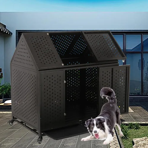 Vista 5 de Jaula indestructible para perros de 44 pulgadas, resistente a escapes, con techo puntiagudo para perros grandes y medianos de alta ansiedad, jaula