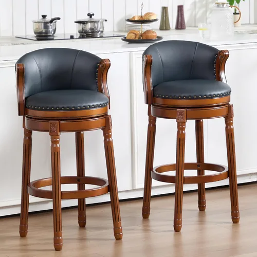 Vista 14 de RAINMOOD Taburete de bar, taburetes de bar giratorios de estilo moderno de mediados de siglo con asiento de cuero y patas de madera, silla