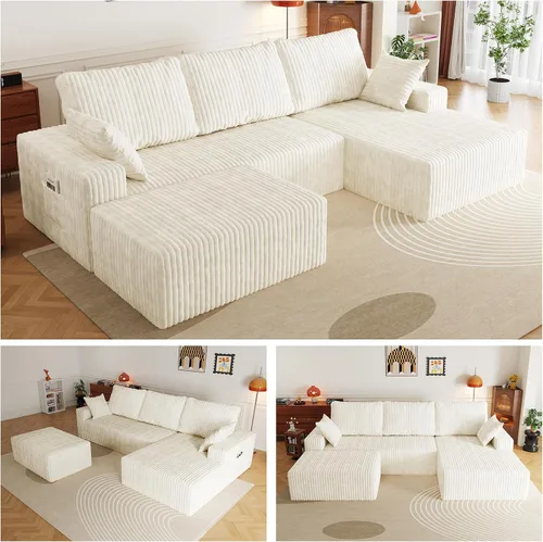Vista 2 de Sofá seccional en forma de U de 108 pulgadas con otomana, sofá seccional modular de pana con asiento profundo, sofá modular moderno en forma de L