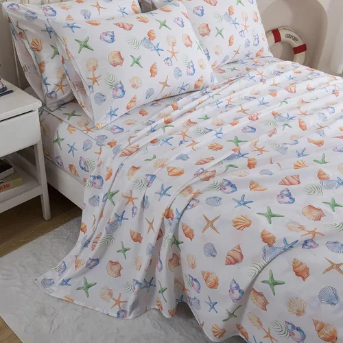 Vista 11 de FADFAY Juego de sábanas Queen con temática de playa, 100% algodón, ropa de cama costera súper suave, ropa de cama náutica de conchas marinas y Aqua