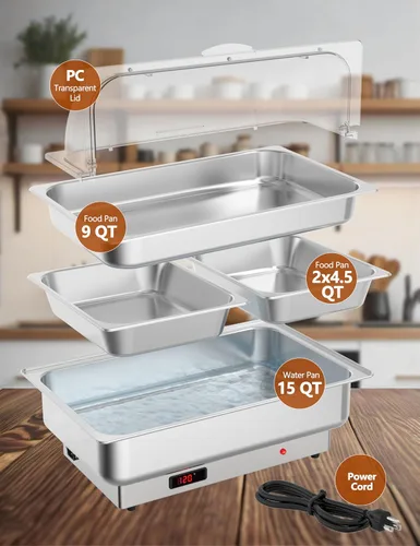 Vista 3 de Garvee Juego de bufé de platos de roce eléctrico, calentador de alimentos de 9 cuartos de galón con tapa de policarbonato transparente, con 1 sartén