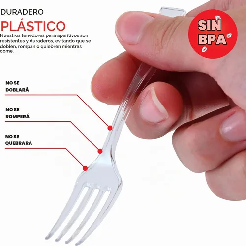 Vista 3 de Mini tenedores transparentes de 4 pulgadas (100 unidades) desechables de plástico para aperitivos para hora de cóctel, tenedores de postre