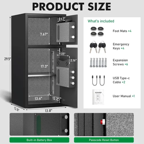 Vista 4 de Caja Fuerte Grande de 6.5 Pies Cúbicos a Prueba de Fuego e Impermeable, Caja Fuerte para Dinero con Función Silenciosa y Luz LED, Cajas Fuertes