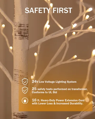 Vista 5 de Tybeeu Árbol de abedul iluminado de 3 pies con 64 luces LED blancas cálidas para decoración de vacaciones, diseño realista, certificado UL