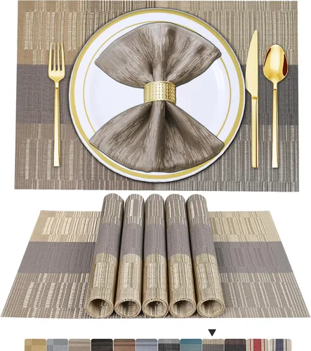Vista 23 de BETEAM Juego de 4 manteles individuales de vinilo tejido para mesa de comedor, lavables, lavables, manteles individuales de cocina, duraderos