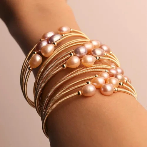 Vista 4 de Sonateomber Pulsera delicada de cadena de perlas de agua dulce de oro para mujer, con clip de papel, rosario, perla morada, con cuentas, regalo