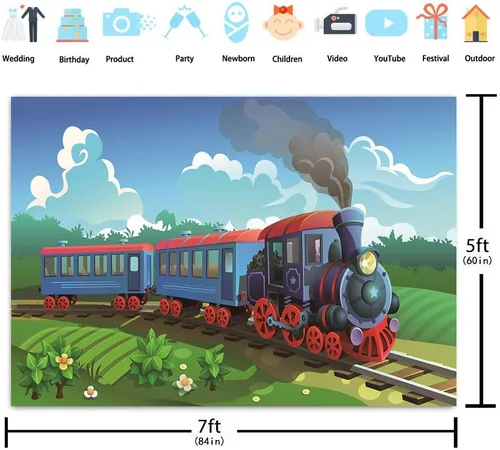 Vista 6 de GYA Fondo de fiesta de tren de corriente de 7 x 5 pies para fotografía, fondo de tren de Navidad, para niños, fiesta de cumpleaños, aventura