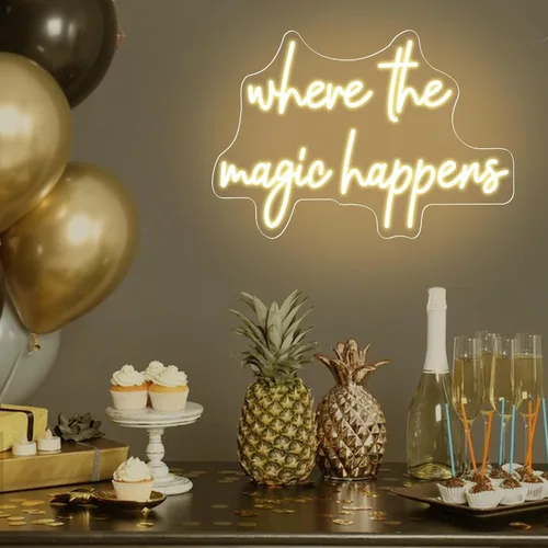 Vista 5 de Letrero de neón con texto en inglés "Where The Magic Happens" para decoración de pared, letras alimentadas por USB, para dormitorio, decoración