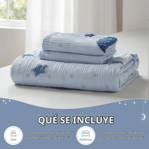 Vista 6 de Intelligent Design Kids Cosmos Juego de Edredón Tamaño Twin – Chenilla Tufted con Estrella Azul y Luna, Ropa de Cama Reversible de 2 Piezas