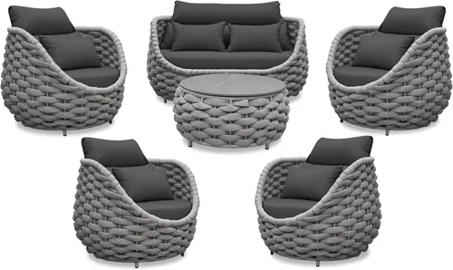 Vista 9 de Juego de muebles de patio de aluminio de 3 piezas: cuerda tejida a mano para conversación al aire libre, juego de 2 cojines modernos montados, juego