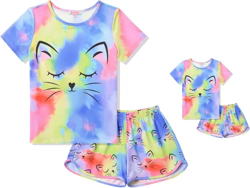 Vista 9 de QPANCY - Conjunto de pijamas a juego para niñas y muñecas con diseño de unicornio, ropa de dormir de algodón para el verano