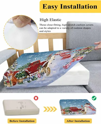 Vista 5 de Blue Snowman Christmas Couch Cushion Covers, Stretch Sofa Cover with Elastic Bottom, Xmas Tree Truck Winter Snowflake Sofa Slipcovers Protector