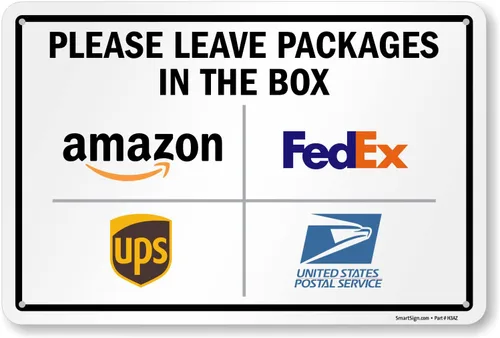 Vista 23 de SmartSign 7 x 10 pulgadas "Por favor, deje los paquetes en la caja - Amazon, FedEx, UPS, USPS" Letrero de instrucciones de entrega de metal