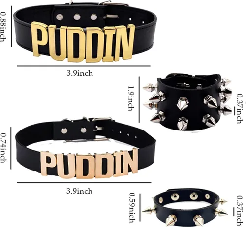 Vista 5 de YANCHUN Gargantilla de Puddin para mujer, de cuero punk, collar con letra, collar de espigas, pulsera de espigas, accesorios de disfraz de Halloween
