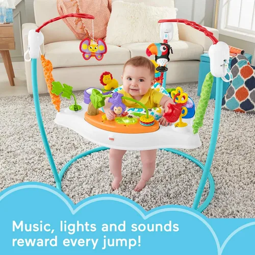 Vista 3 de Fisher-Price Baby Bouncer - Jumperoo de actividades de animales con luces musicales, sonidos y juguetes para recién nacidos, maracas Rattle 'n Rock