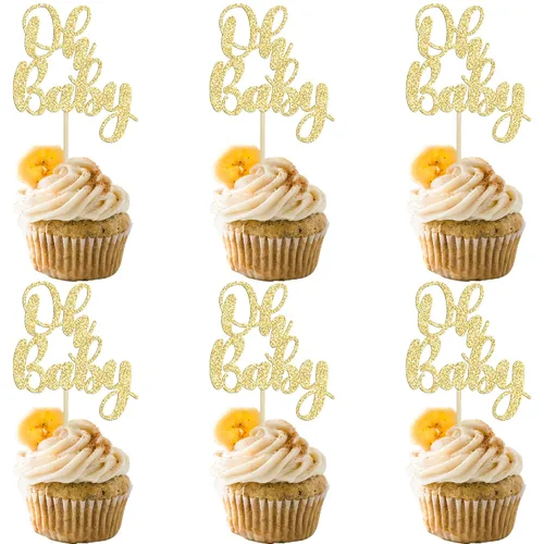 Vista 14 de Gyufise 36 piezas Adornos para cupcakes Oh Baby con moño azul y rosa, brillante dorado, adornos para cupcakes de baby shower, adornos para cupcakes
