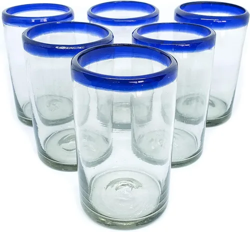 Vista 11 de Vasos de 10 onzas con borde azul cobalto (juego de 6), vidrio reciclado, sin plomo, sin toxinas (Tumbler)
