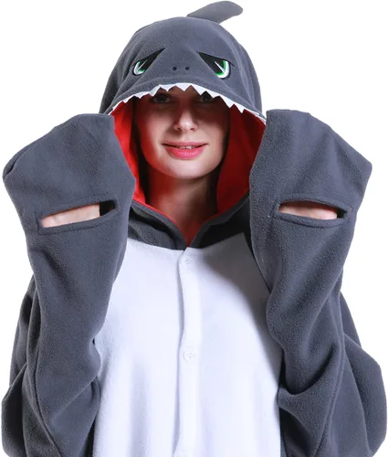 Vista 4 de Pijama de tiburón para adultos, disfraz de cosplay de tiburón, de una pieza, ropa de dormir de caricatura, mameluco de tiburón para mujeres y hombres
