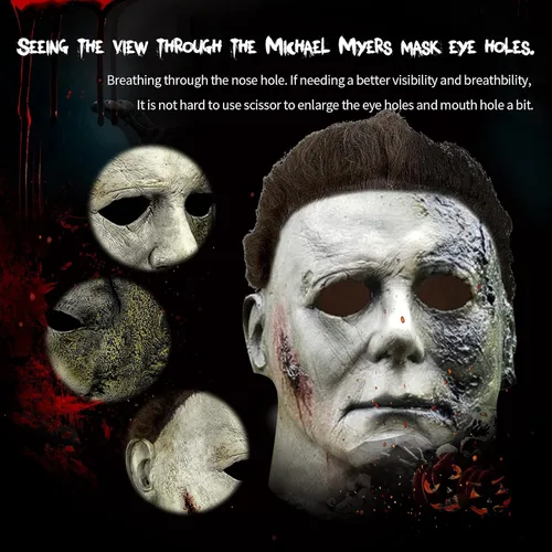 Vista 2 de Michael Myers - Máscara original de miedo para adultos máscara de látex de Halloween 2021 para cosplay graduación disfraz de Michael Myers 2021-negro