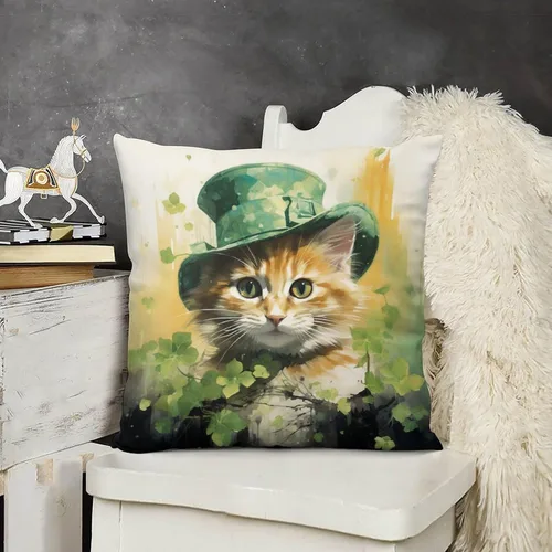 Vista 12 de Fundas de almohada de granja con diseño de feliz día de San Patricio con un gato en un sombrero de trébol, fundas de almohada de terciopelo