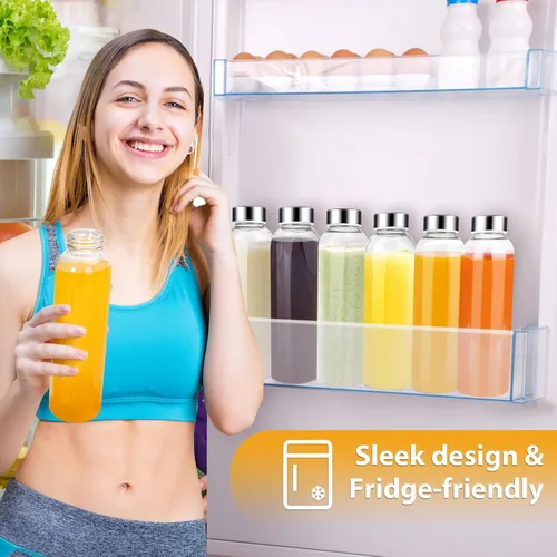 Vista 7 de PROBTTL Botellas de vidrio para jugo de 18 onzas con tapas, botellas de agua de vidrio transparente recargables con tapas herméticas de acero