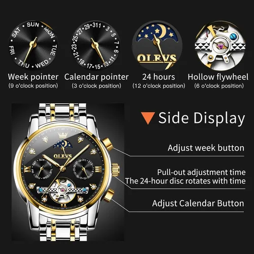 Vista 3 de OLEVS Relojes automáticos para hombre, impermeable, vestido de lujo, cuerda automática, esqueleto mecánico, tourbillon, fase lunar, acero