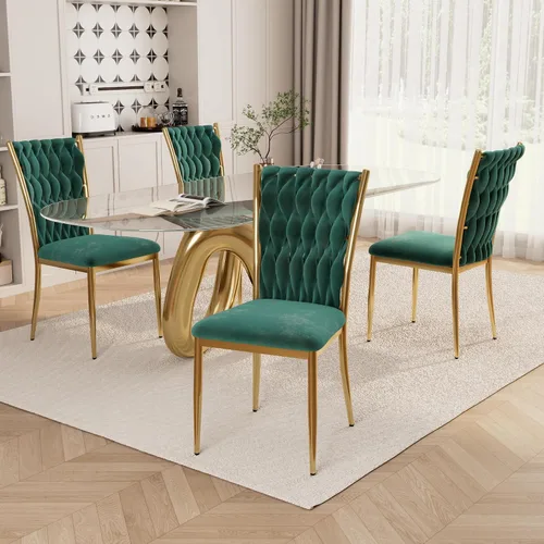 Vista 30 de Juego de 2 sillas de comedor de terciopelo, modernas sillas de cocina tejidas con patas de metal dorado, cojín tapizado con respaldo alto