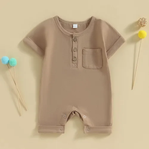 Vista 34 de Mameluco unisex de manga corta para bebé recién nacido, con botones, de una pieza, ropa de color sólido