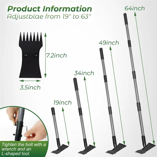 Vista 7 de Walensee - Herramienta extractor de malezas 2 en 1 y azada de jardín, rastrillo de malezas de mango largo Durable 3.5mm steel head, 64-inch